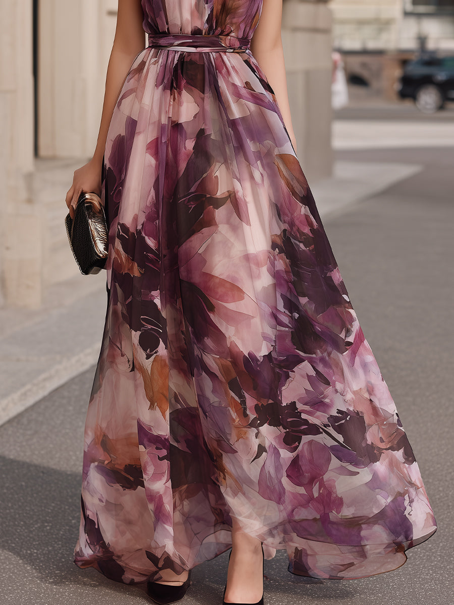 Rich Dream Purple Floral High Neck Tie Belted Maxi Dress