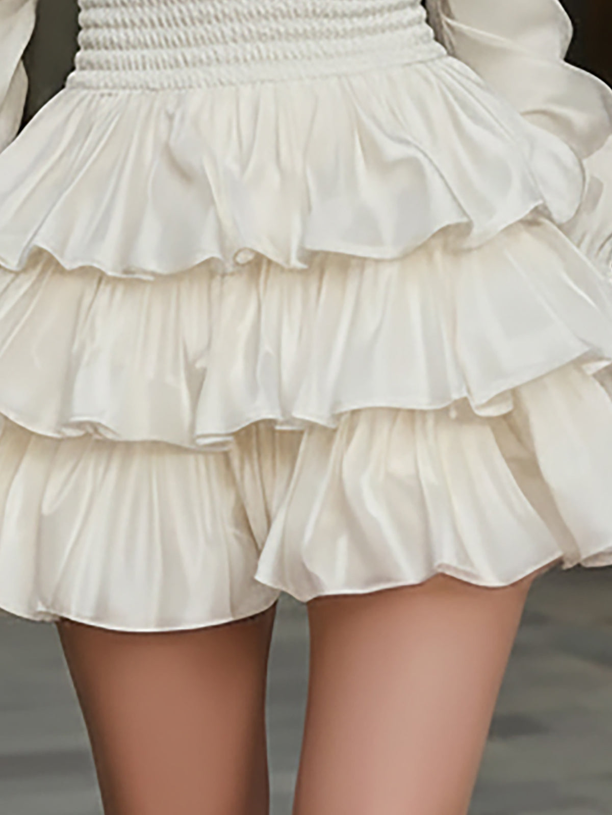 Rich Dream White Satin Mini Dress with Ruffle Hem - V-Neck Long Sleeve