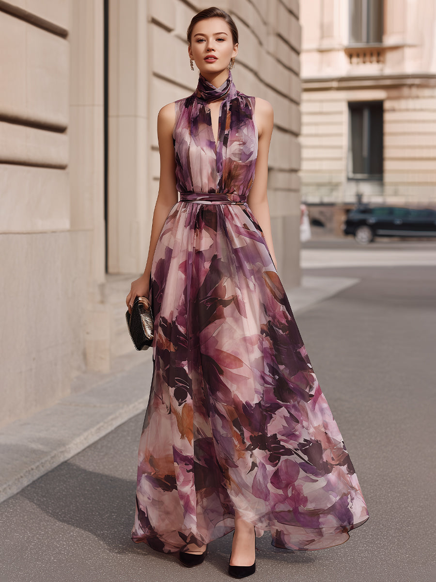 Rich Dream Purple Floral High Neck Tie Belted Maxi Dress