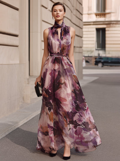Rich Dream Purple Floral High Neck Tie Belted Maxi Dress