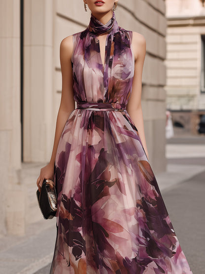 Rich Dream Purple Floral High Neck Tie Belted Maxi Dress