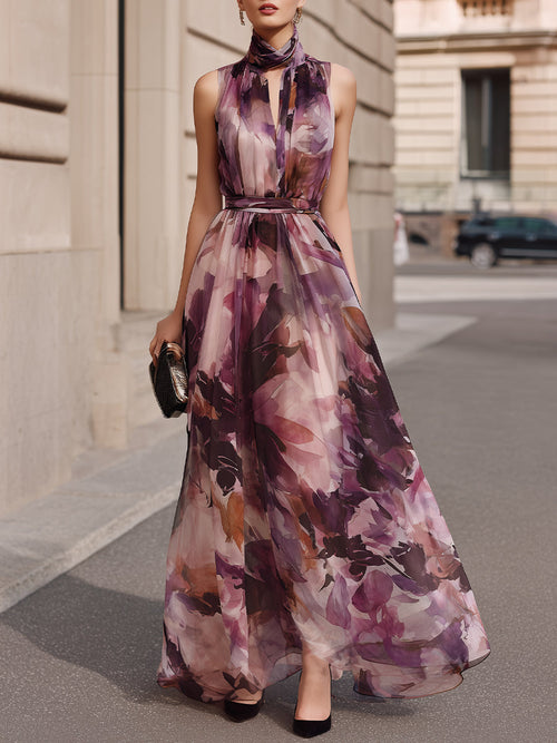 Rich Dream Purple Floral High Neck Tie Belted Maxi Dress