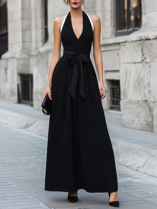 Halter Neck Tie Waist A-Line Maxi Dress