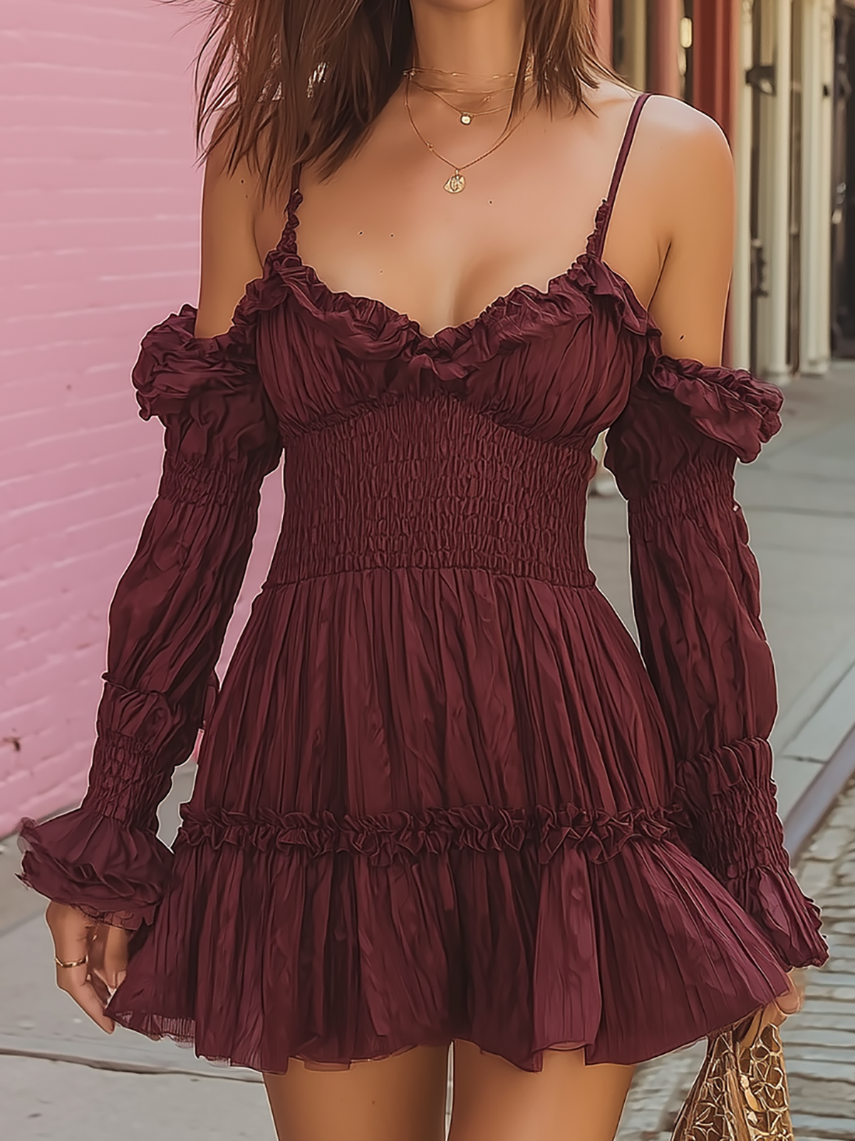 Rich Dream Burgundy Off Shoulder Smocked Ruffle Mini Dress