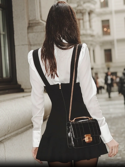 Maeyira Black and White Two Piece Set - Suspender Skirt with Bow Tie 