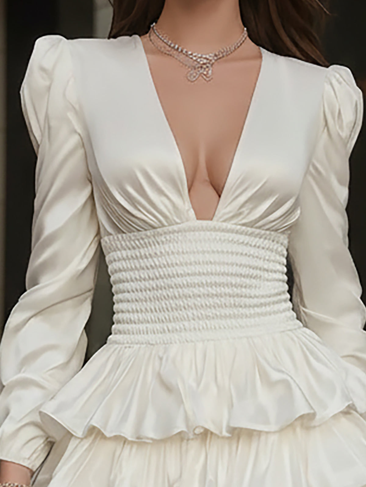 Rich Dream White Satin Mini Dress with Ruffle Hem - V-Neck Long Sleeve