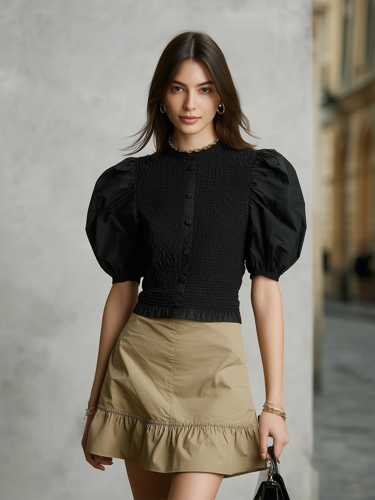Rich Dream Black Smocked Puff Sleeve Top Tan Skirt Set