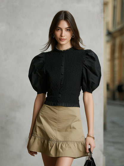 Rich Dream Black Smocked Puff Sleeve Top Tan Skirt Set