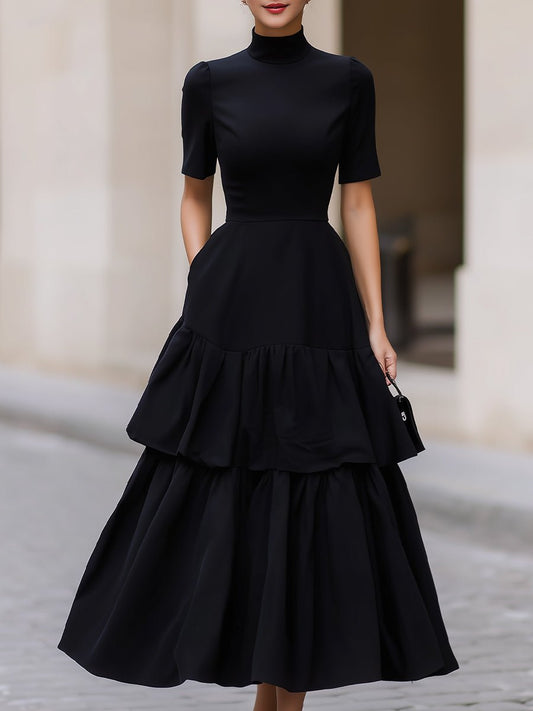 Black High Neck Short Sleeve Tiered Maxi Dress With Pockets - Aura Her's LLC