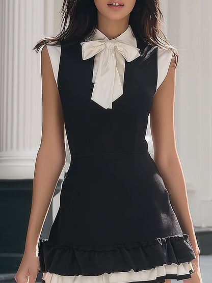Rich Dream Black White Bow Collar Sleeveless Ruffle Mini Dress