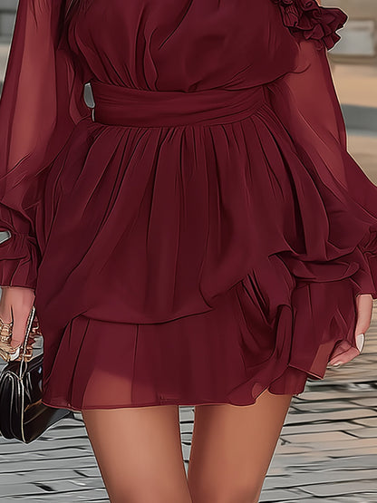 Rich Dream Burgundy One Shoulder Mini Dress with Ruffle Trim