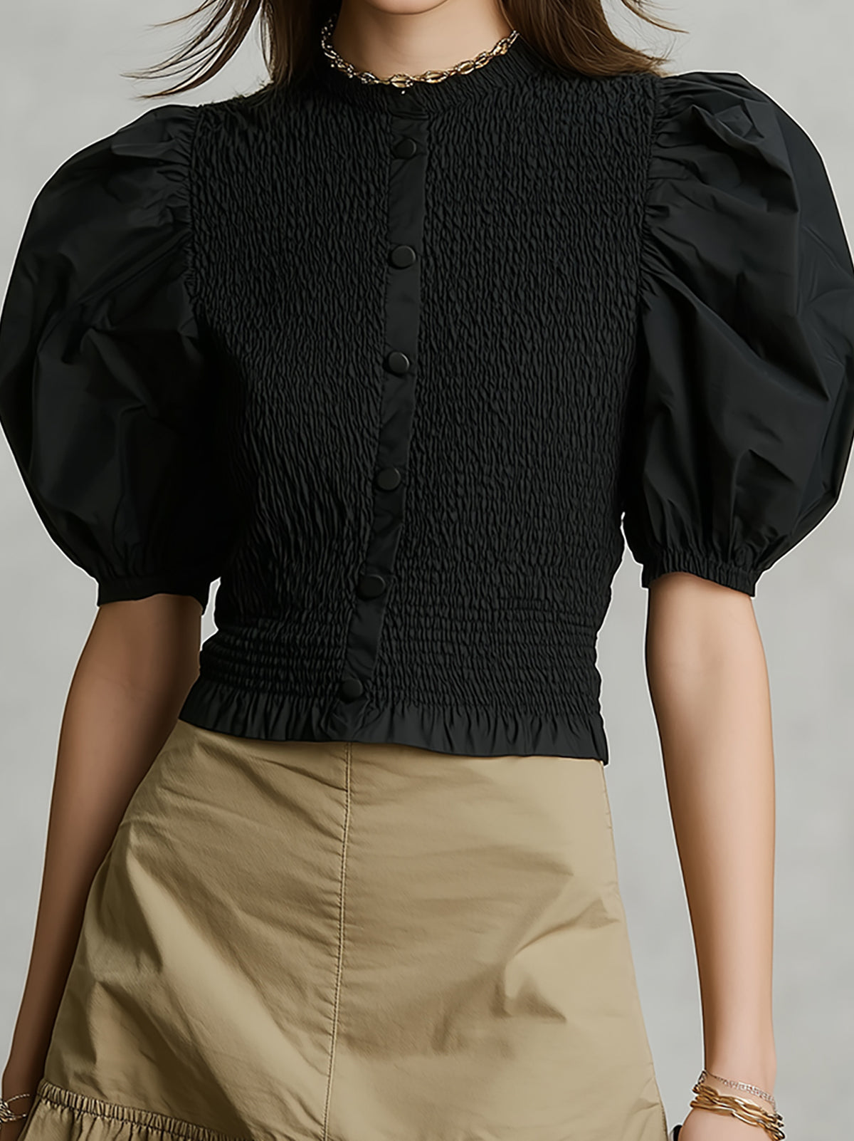 Rich Dream Black Smocked Puff Sleeve Top Tan Skirt Set