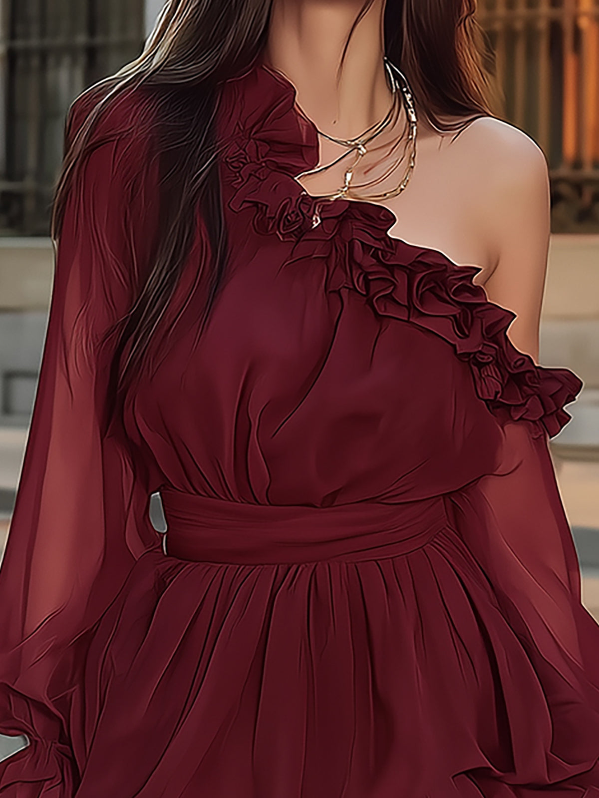 Rich Dream Burgundy One Shoulder Mini Dress with Ruffle Trim
